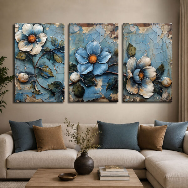 Antik Çiçekler Kanvas Duvar Tablosu - 3'lü Canvas Tablo Seti - VOOV4141
