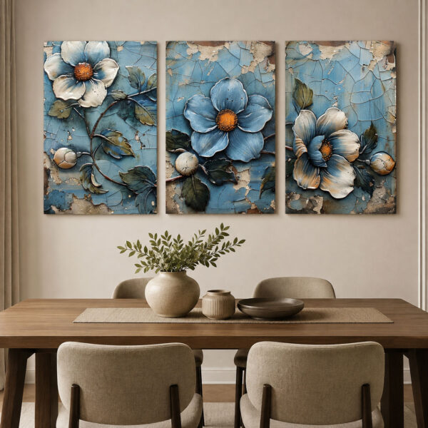 Antik Çiçekler Kanvas Duvar Tablosu - 3'lü Canvas Tablo Seti - VOOV4141