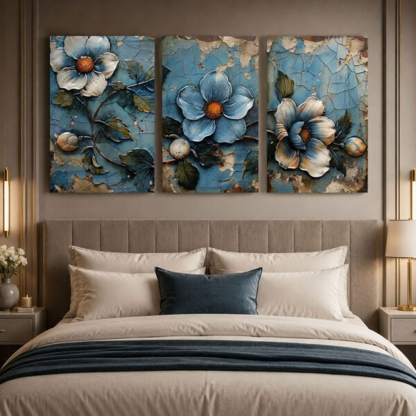 Antik Çiçekler Kanvas Duvar Tablosu - 3'lü Canvas Tablo Seti - VOOV4141