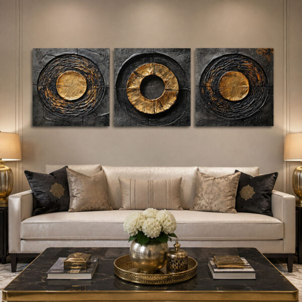 Golden Orbit Kanvas Duvar Tablosu - 3'lü Canvas Tablo Seti - VOOV4169