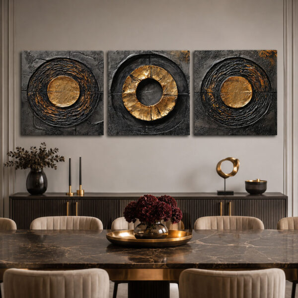Golden Orbit Kanvas Duvar Tablosu - 3'lü Canvas Tablo Seti - VOOV4169