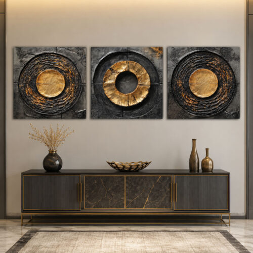 Golden Orbit Kanvas Duvar Tablosu - 3'lü Canvas Tablo Seti - VOOV4169