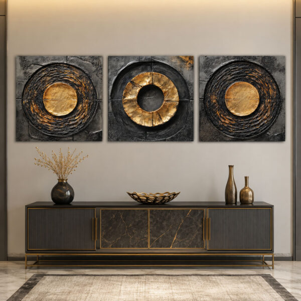 Golden Orbit Kanvas Duvar Tablosu - 3'lü Canvas Tablo Seti - VOOV4169