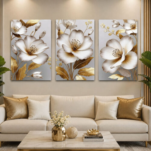 Asil Çiçekler Kanvas Duvar Tablosu - 3'lü Canvas Tablo Seti - VOOV4262