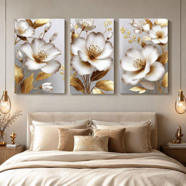 Asil Çiçekler Kanvas Duvar Tablosu - 3'lü Canvas Tablo Seti - VOOV4262