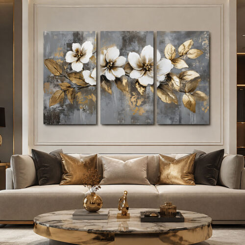 Golden Blossom Kanvas Duvar Tablosu - 3'lü Canvas Tablo Seti - VOOV4269