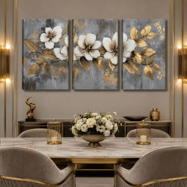 Golden Blossom Kanvas Duvar Tablosu - 3'lü Canvas Tablo Seti - VOOV4269