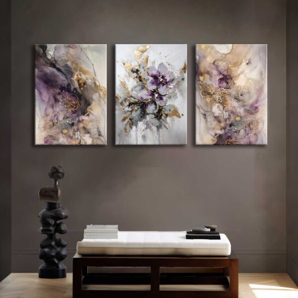 Abstract Flower Kanvas Duvar Tablosu - 3'lü Canvas Tablo Seti - VOOV4199