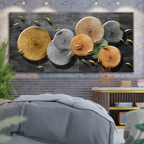 Dekoratif Ahşap Daireler Ve Gold Balıklar Dekoratif Kanvas Tablo - VOOV1518