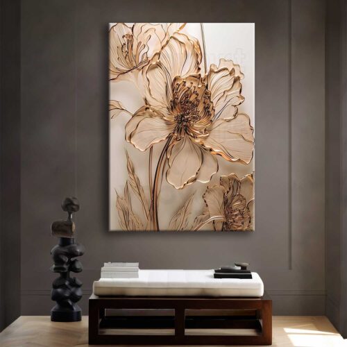 Bej Gold Modern Soyut Çiçek Kanvas Tablo - VOOV2600