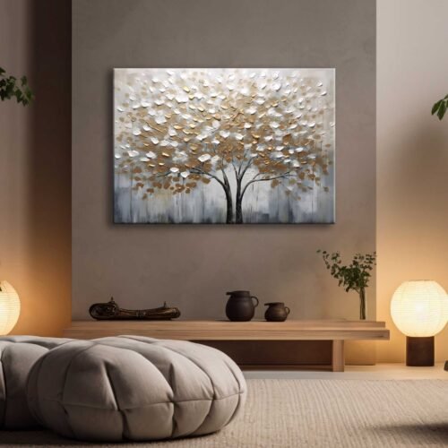 Soyut Altın Yapraklı Ağaç Dekoratif Kanvas Tablo - EC1015