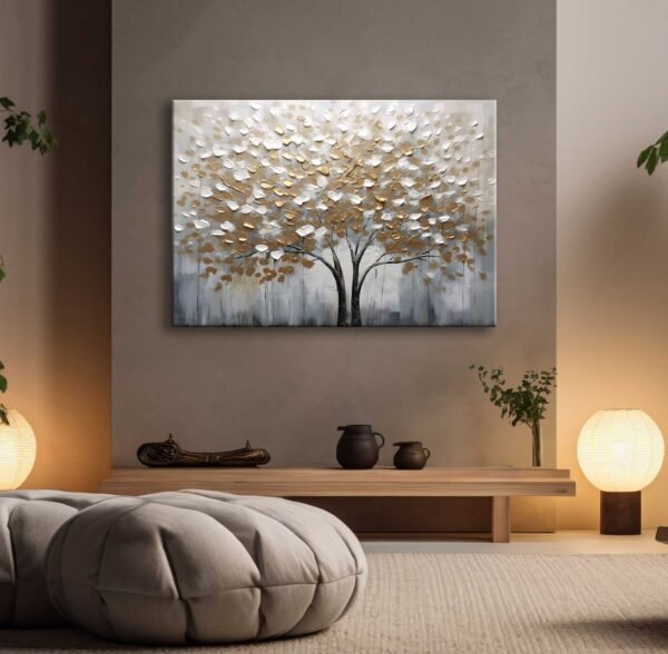 Soyut Altın Yapraklı Ağaç Dekoratif Kanvas Tablo - EC1015