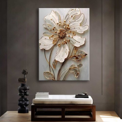 Modern Gold Detaylı Beyaz Soyut Çiçek Kanvas Tablo - VOOV2594