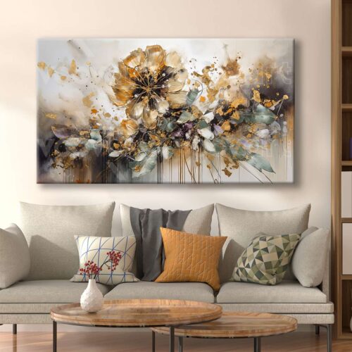 Gold Çiçekli Soyut Kanvas Tablo - VOOV2495