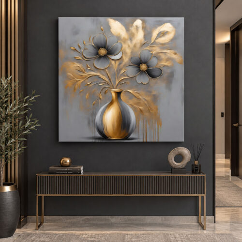 Vazoda Çiçekler Gri Gold Soyut Tuval Kanvas Tablo - VOOV3385