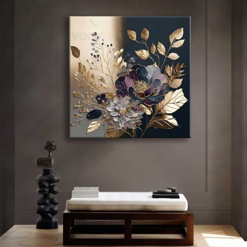 Lacivert Gold Yapraklı Modern Soyut Çiçek Kanvas Tablo - VOOV2717