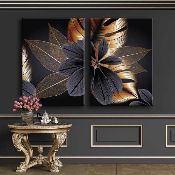 Gold Black Art Dekoratif Yapraklar 2'li Set Kanvas Tablo - VOOV1109
