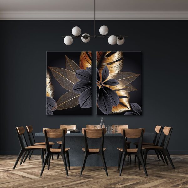 Gold Black Art Dekoratif Yapraklar 2'li Set Kanvas Tablo - VOOV1109
