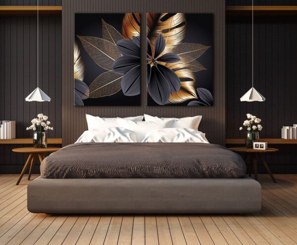 Gold Black Art Dekoratif Yapraklar 2'li Set Kanvas Tablo - VOOV1109