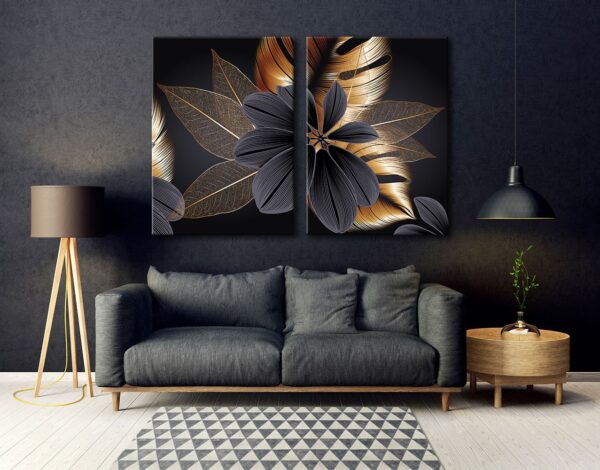 Gold Black Art Dekoratif Yapraklar 2'li Set Kanvas Tablo - VOOV1109