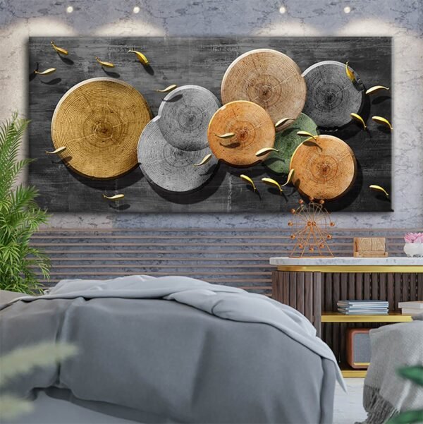 Dekoratif Ahşap Daireler Ve Gold Balıklar Dekoratif Kanvas Tablo - VOOV1518