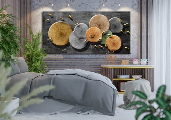 Dekoratif Ahşap Daireler Ve Gold Balıklar Dekoratif Kanvas Tablo - VOOV1518