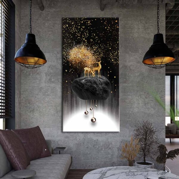 Flu Altın Yıldızlar ve Geyikler Lüks Dekoratif Kanvas Tablo - VOOV1938