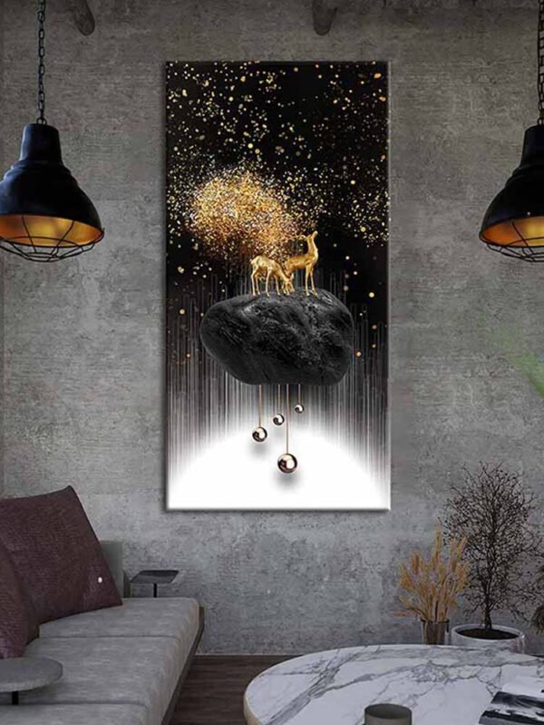 Flu Altın Yıldızlar ve Geyikler Lüks Dekoratif Kanvas Tablo - VOOV1938