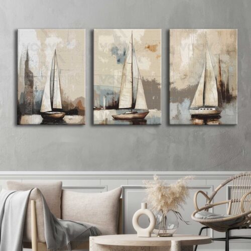 Kanvas Soyut Yelkenliler Tablo 3'lü Canvas Tablo Seti - VOOV4310
