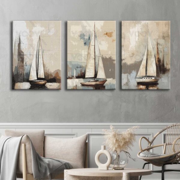 Kanvas Soyut Yelkenliler Tablo 3'lü Canvas Tablo Seti - VOOV4310