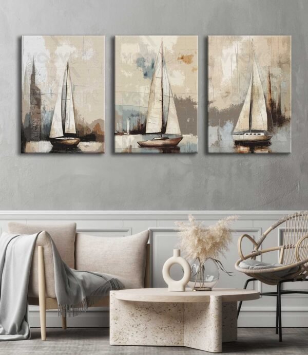 Kanvas Soyut Yelkenliler Tablo 3'lü Canvas Tablo Seti - VOOV4310