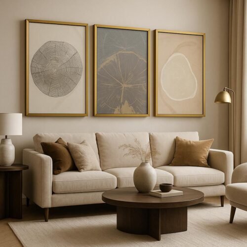 46x72cm 3'lü Eskitme Gold Çerçeveli Dekoratif Kanvas Tablo - ART1129