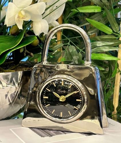 23cm GÜMÜŞ ÇANTA MODEL DEKORATİF MASA SAATİ - ART1149