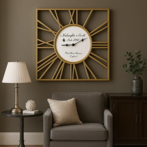 50x50cm METAL KARE ESKİTME GOLD DEKORATİF DUVAR SAATİ - ART1139