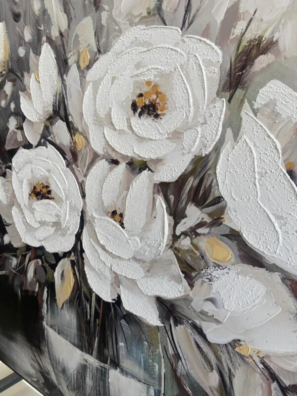 85x85cm Siyah Çerçeveli Dokulu Soyut Vazoda Beyaz Çiçekler Dekoratif Tablo - ART1217