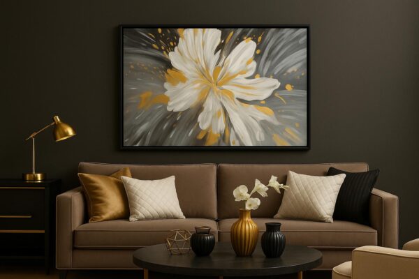 70x100cm Akrilik Dokulu Siyah Çerçeveli Soyut Çiçek Dekoratif Tablo - ART1202