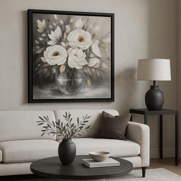 85x85cm Siyah Çerçeveli Dokulu Soyut Vazoda Beyaz Çiçekler Dekoratif Tablo - ART1217