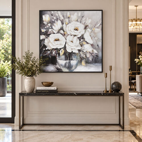 Siyah Çerçeveli 85x85cm Kabartma Dokulu Vazoda Çiçekler Dekoratif Tablo - ART1217