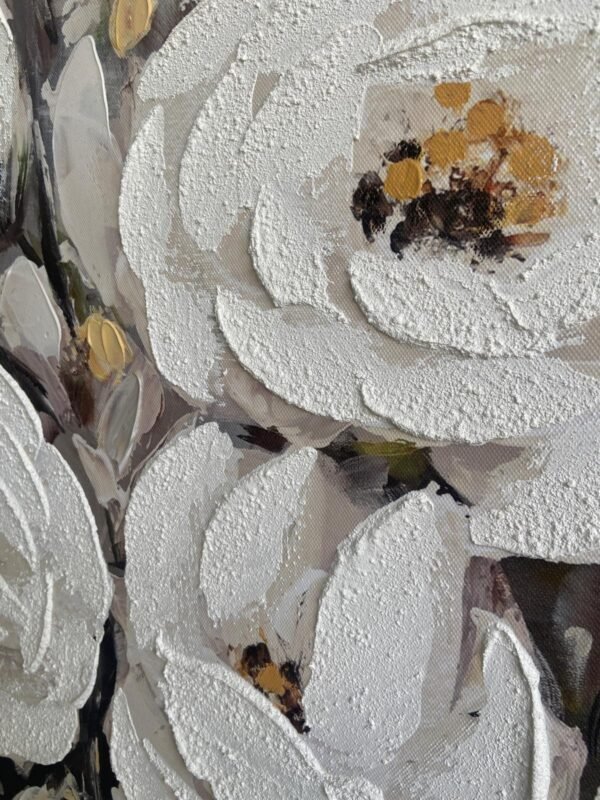 85x85cm Siyah Çerçeveli Dokulu Soyut Vazoda Beyaz Çiçekler Dekoratif Tablo - ART1217