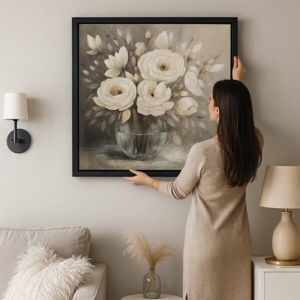 85x85cm Siyah Çerçeveli Dokulu Soyut Vazoda Beyaz Çiçekler Dekoratif Tablo - ART1217