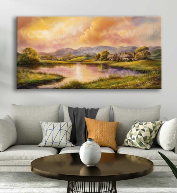 Göl Kenarında Köy Manzarası Dekoratif Kanvas Tablo - VOOV2779
