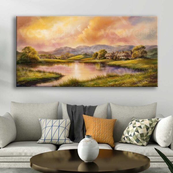 Göl Kenarında Köy Manzarası Dekoratif Kanvas Tablo - VOOV2779
