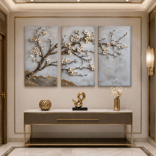 Zarif Çiçekler Kanvas Duvar Tablosu - 3'lü Canvas Tablo Seti - VOOV4326