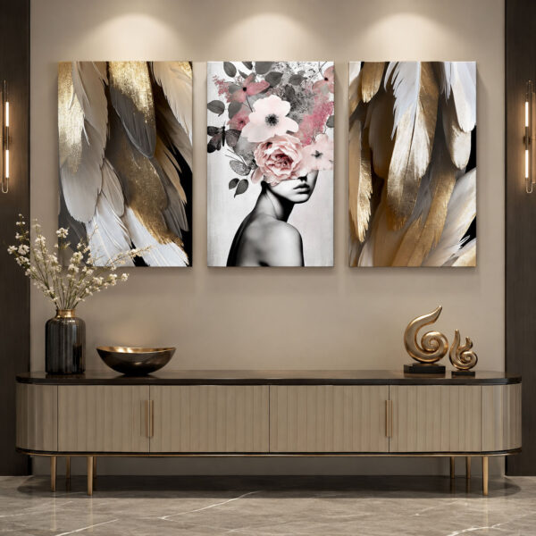 Golden Grace Kanvas Duvar Tablosu - 3'lü Canvas Tablo Seti - VOOV4330