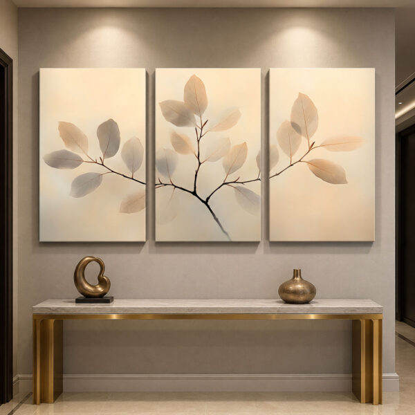 Krem Yapraklar Kanvas Duvar Tablosu - 3'lü Canvas Tablo Seti - VOOV4331