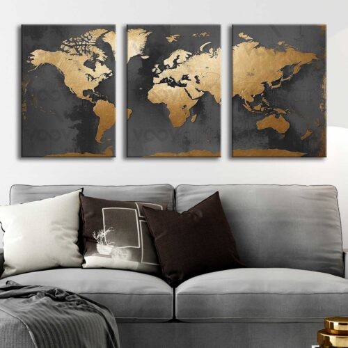 Dünya Haritası Kanvas Tablo - 3'lü Canvas Tablo Seti - VOOV4339