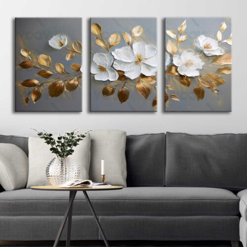 Gold Yapraklı Beyaz Çiçekler Kanvas Tablo - 3'lü Canvas Tablo Seti - VOOV4346