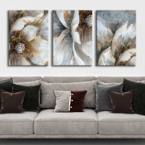 Soyut Muhteşem Çiçekler Kanvas Tablo - 3'lü Canvas Tablo Seti - VOOV4334