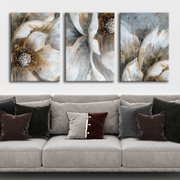 Soyut Muhteşem Çiçekler Kanvas Tablo - 3'lü Canvas Tablo Seti - VOOV4334