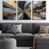 Gold Black Abstract Kanvas Tablo - 3'lü Canvas Tablo Seti - VOOV4340